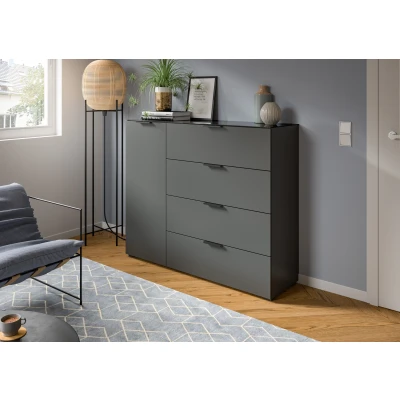 Abbildung von INOSIGN Kommode &quot;Raio, Breite 135 cm, 1 Tür, 4 Schubkästen, Oberboden mit Glasplatte&quot;, Anrichte, Sideboard, Highboard, Schrank
