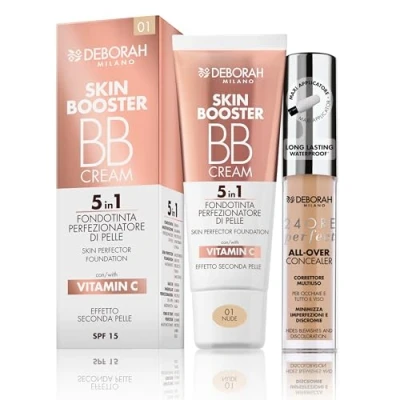 Abbildung von Deborah Milano BB Cream Skin Booster, SPF 15, 01 Nude, mit Vitamin C, zweite Haut, 30 ml und 24 Stunden Perfect All Over, 04 Apricot, wasserdicht langanhaltend, 5,5 g