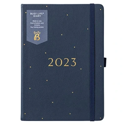 Abbildung von Busy B Life Terminkalender von Januar bis Dezember 2023 Marineblau Kunstleder A5 Wochenplaner mit doppeltem Terminplaner, Stifthalter und Steckfächern, 4995AMZ