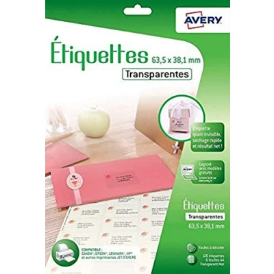 Abbildung von Avery 126 Etiketten selbstklebend (21 pro Blatt) 63,5 x 38,1 Eindruck Tintenstrahldrucker Transparent (j8560cl)