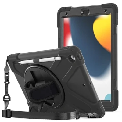 Abbildung von ProCase Hülle mit Stifthalter Gurt Handschlaufe für iPad 10.2 Zoll 2021 9th /2020 8th /2019 7th Gen, Schutzhülle Pencil Holder, Stoßfest Robust Case Hybrid Cover Schwarz