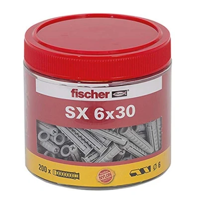 Abbildung von fischer Spreizdübel SX 6 x 30, handliche Runddose mit 200 Nylondübeln, Dübel für optimalen Halt bei Befestigungen in Beton, Hochlochziegel, Porenbeton, Vollziegel uvm.