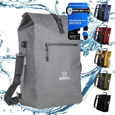 Abbildung von Bronea® 3 in 1 Fahrradtasche Wasserdicht 28L Kombi Rucksack &amp; Umhängetasche Gepäckträgertasche für Fahrrad TPU600 Material Integrierte Laptoptasche Schnellmontage an Gepäckträger GRAU