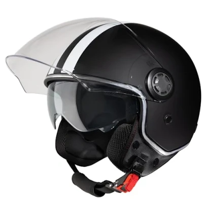 Abbildung von VINZ Parchi Jethelm mit Doppelvisier Roller Helm Fashionhelm Streifen In Gr. XS XXL Jet Sonnenblende ECE 22.06 Zertifiziert Motorradhelm Visier Mattschwarz