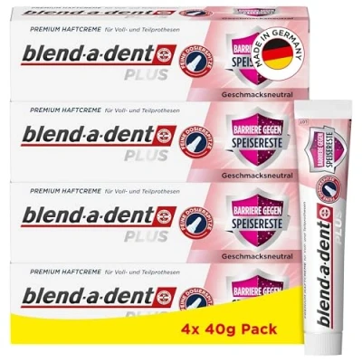 Abbildung von Blend a dent Plus Barriere Gegen Speisereste Premium Haftcreme, für Voll und Teilprothesen, Geschmacksneutral, Made in Germany, 4x 40g Pack,Weiss