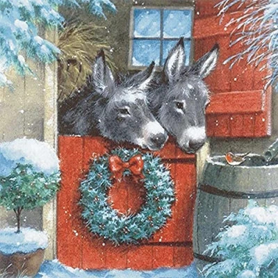 Abbildung von linoows 20 Servietten Weihnachten, Zwei Esel im geschmückten Stall 33x33 cm