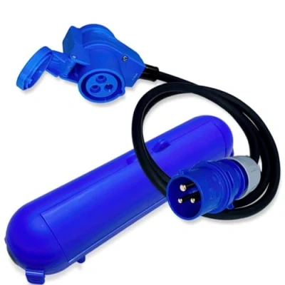 Abbildung von IntuiFlex CEE Adapter Safebox Set Kabel Winkel Kupplung auf Stecker 1,5 Meter IP44 230V / 16A 3 polig für Camping, Boot, Camper, Wohnwagen, Wohnmobil Camping Strom Kabelbox