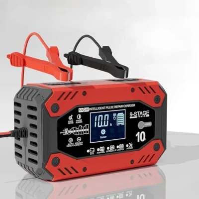 Abbildung von 10A Autobatterie Ladegerät, 12V/24V Smart Vollautomatische KFZ Batterieladegerät mit LCD Bildschirm und Temperaturkompensation, Geeignet für Auto Motorrad LKW Boot Rasenmäher Batterien