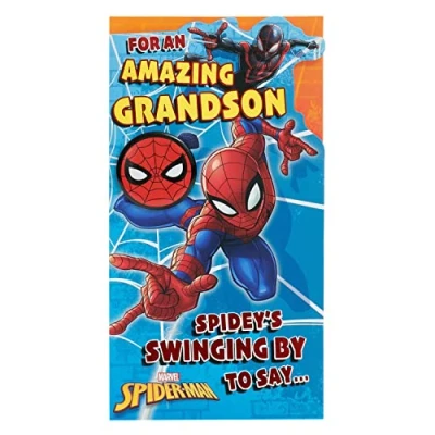 Abbildung von UK Greetings Marvel Geburtstagskarte für Enkel mit Umschlag Kinder Jungen Design cooler Spiderman Illustration