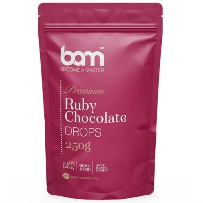 Abbildung von BAM Schokolade Drops mit Geschmack, Tropfen, Callets zum Schmelzen, Backen für Zuhause und Profi (Ruby schokolade, 250 g)