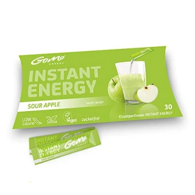 Abbildung von GoMo ENERGY® Instant Getränk ohne Zucker│ natürliches Apfel Aroma │ Frische Energie mit 80mg Koffein, Vitamin B Komplex hochdosiert + Niacin Drink Stevia SOUR APPLE 30 Einzelportionen