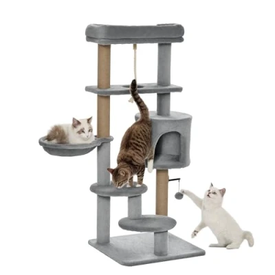 Abbildung von PawHut Kratzbaum 120 cm Katzenkratzbaum, Katzenbaum mit Korb, Katzenhöhle, Spielball, Kratzmöbel für Katzen bis 5 kg, Hellgrau