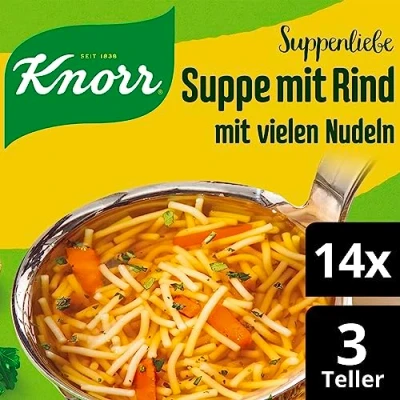 Abbildung von Knorr Suppenliebe Suppe mit Rind für eine leckere Nudelsuppe vielen Nudeln ohne geschmacksverstärkende Zusatzstoffe und Farbstoffe 14 x 3 Teller