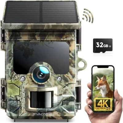 Abbildung von WOLFANG Solar Wildkamera 4K 30fps 46MP, WLAN Bluetooth Jagdkamera mit Bewegungsmelder Nachtsicht, Duale Stromversorgung, 0.1s Auslösezeit, IP66 Wasserdicht für Wildlife Monitoring Micro SD Karte