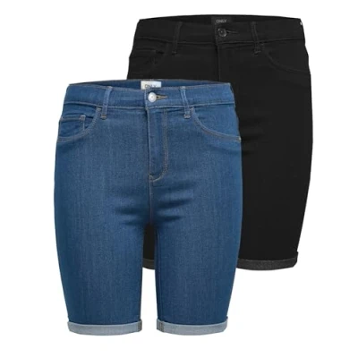 Abbildung von ONLY Damen ONLRAIN MID Long DNM Shorts 2PACK, Kurze Jeans Medium Blue Denim/Black, S
