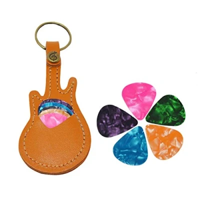 Abbildung von Leder Gitarrenplektren Etui, Gitarrenplektrenhalter mit Schlüsselanhänger, Tasche für Gitarrenplektren, 5 Plektren, Geschenk (gelb)