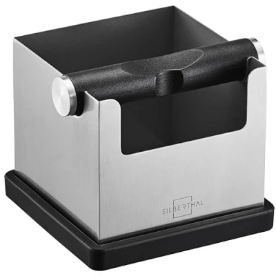 Abbildung von SILBERTHAL Ausklopfbehälter Knockbox aus Edelstahl 2.0, für Kaffeesatz, 2 in 1 Tamperstation zum Tampern und Ausklopfen