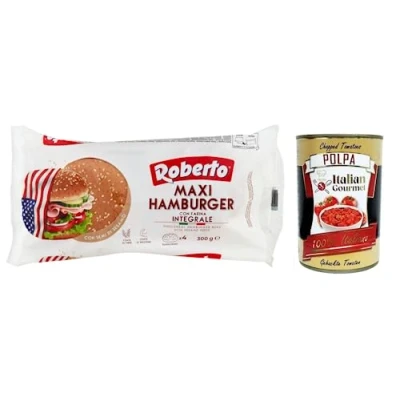 Abbildung von Roberto Maxi Hamburger Integrale Brot mit Vollkornmehl und Sesamkörnern,Packung 300g, Jede Packung enthält 4 Buns + Italian Gourmet Polpa di Pomodoro 400g Dose