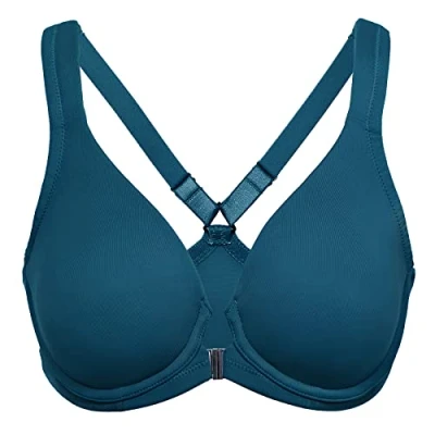 Abbildung von DELIMIRA Damen Vorderverschluss Racerback BH Grosse Grössen Bügel BHS Tiefer Ausschnitt Ungefüttert Vollschalen Frieden Mazarine 105B