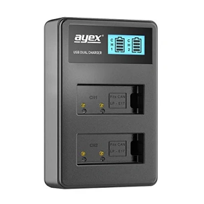 Abbildung von ayex USB Dual Ladegerät Kompatibel mit Canon LP E17 Akkus für zB 800D 760D 750D 200D 77D M6 M5 M3 Lädt per C an Laptop &amp; Powerbank LCD Ladestandanzeige