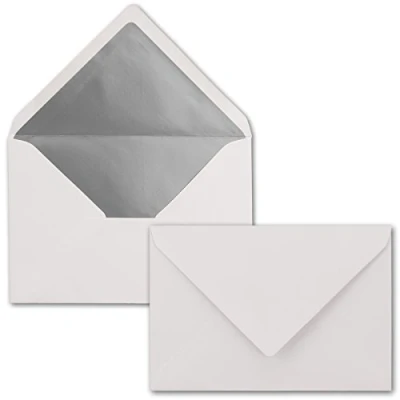 Abbildung von Kuverts in Weiß 10 Stück Brief Umschläge DIN C6 114 x 162 mm 11,4 16,2 cm Nassklebung matte Oberfläche &amp; Silber Metallic Fütterung ohne Fenster für Einladungen