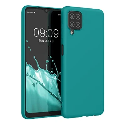 Abbildung von kwmobile Hülle kompatibel mit Samsung Galaxy A12 weiches TPU Silikon Case Cover geeignet für kabelloses Laden Petrol matt