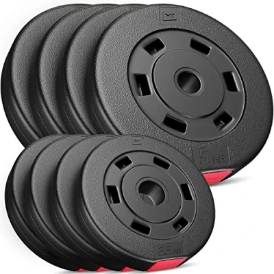 Abbildung von Hop Sport 30kg Kunststoff Hantelscheiben Sets 30 mm Gewichte Auswahl: 2x5kg+2x10kg / 4x2,5kg+4x5kg 8x1,25kg+4x2,5+2x5kg