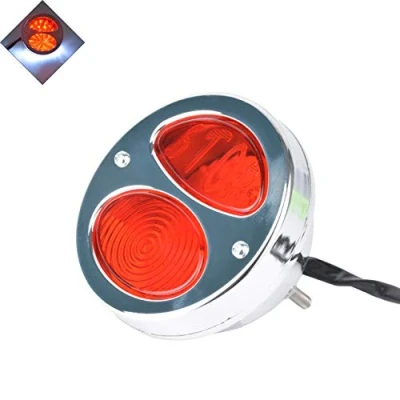 Abbildung von Motorrad Bremslicht, NATGIC Round 12V Universal Rücklicht Vintage Retro Look Heckleuchten Lizenzhalterung für modifizierte Motorräder &amp; Fahrräder Silber