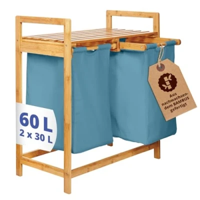 Abbildung von Lumaland Ausziehwäschekorb Bambus mit 2 ausziehbaren Wäschesäcken 73x64x33cm, Wäschesammler Deckel, Pflegeleichtes Material,  leicht abwischbar