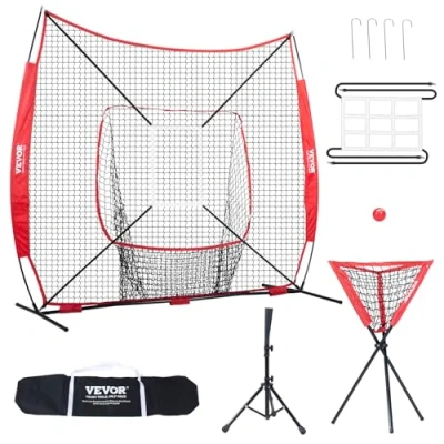 Abbildung von VEVOR 244 x 106 211 cm Baseball Softball Übungsnetz, Trainingsnetz, Schlagen, Fangen, Pitchen, Backstop Baseballausrüstung mit Bogenrahmen, Tragetasche, Schlagzone, Ball, Ballsammler