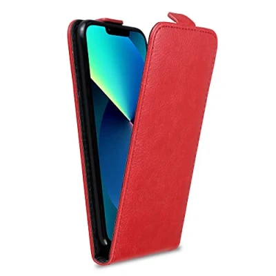 Abbildung von Cadorabo Hülle kompatibel mit Apple iPhone 13 Flip Design aus Premium Kunst Leder Klappbare Stoßfeste Magnetische Cover für Tasche in Rot