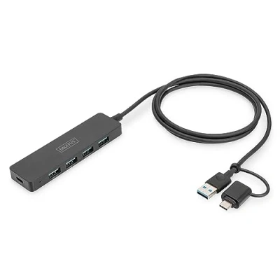 Abbildung von DIGITUS USB Hub 4 Ports 3.0 4X A 1x C Stromanschluss bis zu 5 Gbit/s inkl. auf Adapter 1,2m Kabellänge Slim line schwarz