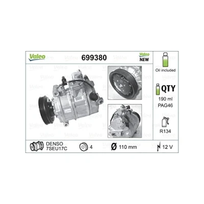 Abbildung von VALEO NEW ORIGINAL PART 699380 Kompressor 7SUE16 12 PAG 46 R 134a mit Kompressoröl AUDI: A6 C5 Avant, A4 B6 Limousine, Avant