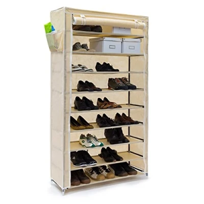 Abbildung von Relaxdays Schuhschrank VALENTIN hoch H x B T: 161 88 30 cm Schuhregal mit Stoffbezug und 10 Ablagen Stoffschrank Reißverschluss für staubfreie Lagerung Schuhständer 45 Paar Schuhe, beige