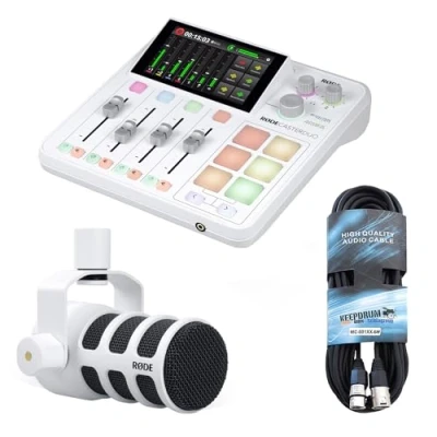 Abbildung von Rode Rodecaster Duo Audio Production Studio für Podcasts, Streaming, Content Creation Weiss + Podmic Mikrofon keepdrum XLR Mikrofonkabel