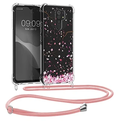 Abbildung von kwmobile Necklace Case kompatibel mit Xiaomi Redmi 9 Hülle Silikon Cover Handykette Rosa Dunkelbraun Transparent Kirschblütenblätter