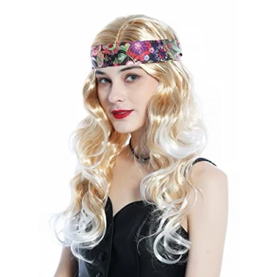 Abbildung von WIG ME UP CW 029 P27TP60 Perücke Damen Frauen Stirnband Karneval Fasching lang blond platinblond gesträhnt Hippie 70er