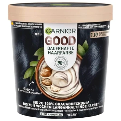 Abbildung von Garnier GOOD Dauerhafte Haarfarbe 1.10 Mitternachts Schwarz Coloration ohne Ammoniak, bis zu 100% Grauabdeckung, 1 Stk.