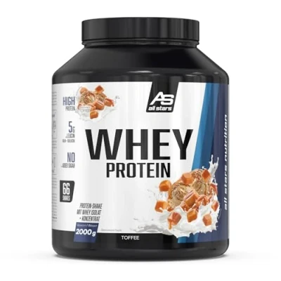 Abbildung von Neu All Stars Whey Protein 2000g I Eiweiß Pulver mit Konzentrat &amp; Isolat leckeres Low Fat Powder hochwertiges cremiger Shake (2 kg, Toffee)