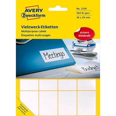 Abbildung von Avery Zweckform 3326 Haushaltsetiketten selbstklebend (38 x 29 mm, 384 Aufkleber auf 24 Bogen, Vielzweck Etiketten für Haushalt, Schule und Büro zum Beschriften Kennzeichnen) blanko, weiß