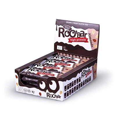 Abbildung von Roobar Pflanzenprotein Mandel Riegel mit Schokoladenüberzug 100% Bio, Vegan, Fruchtriegel, milchfrei &amp; glutenfrei, ohne raffinierten Zucker 16 x 40g