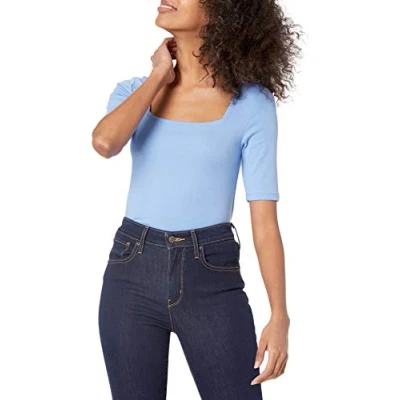Abbildung von Amazon Essentials Damen Halbarm T Shirt mit eckigem Ausschnitt in schmaler Passform, Blau, M