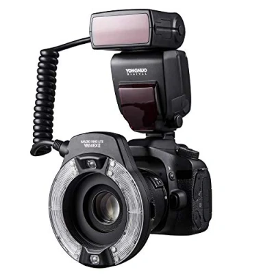 Abbildung von YONGNUO YN14EX II Makro Ringblitz für Canon DSLR Kameras, mit Adapterringen und Farbtemperaturfilter, Blitzschuhhalterung, unterstützt M, TTL Blitz