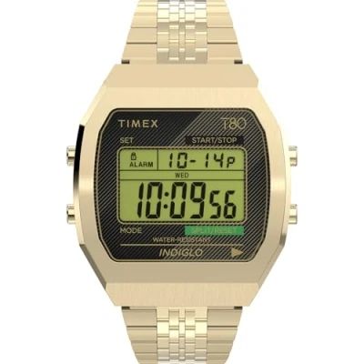 Abbildung von Timex T80 Unisex Armbanduhr, 36 mm, goldfarbenes Edelstahlarmband, digitales Zifferblatt, Gehäuse TW2V74300