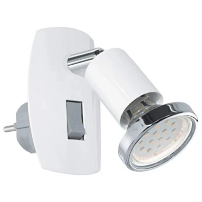 Abbildung von EGLO Steckdosenspot Mini, 1 flammige Steckerleuchte, Steckdosenlampe aus Stahl, Farbe: Weiß, chrom, Fassung: GU10, inkl. Schalter