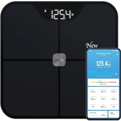 Abbildung von iHealth Nexus PRO Connected WellnessWaage für 12 Körpermetriken Gewicht, Körperfett usw. Intelligente Benutzererkennung nach Profil, personalisierte WellnessTrends und Ziele, max. 180 kg