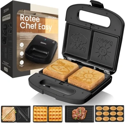 Abbildung von Zeegma 4 in 1 Sandwichmaker ROTEE CHEF EASY, 5 Platten/800W/LED/rutschfest/wärmeisoliert