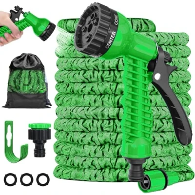 Abbildung von LINGKY Flexibel Gartenschlauch, 15M/50FT Flexibler Wasserschlauch mit 7 Funktionen Brause, Dehnbarer Garden Hose Schlauch für Gartenbewässerung, Haustier, Autowäsche (15M/50FT,Grün)