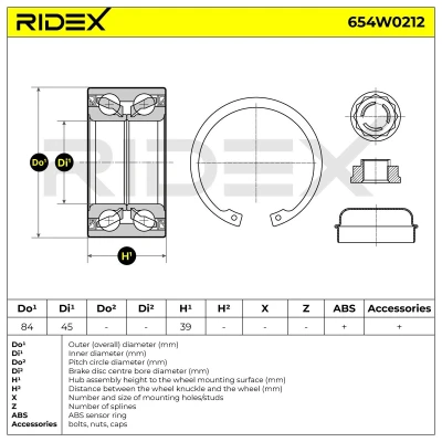 Abbildung von RIDEX 654W0212 Radlagersatz Vorderachse mit Anbaumaterial integriertem ABS Sensor 84 MERCEDES BENZ: B Klasse, A Klasse