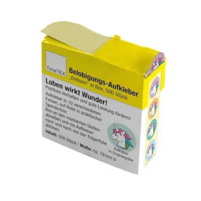 Abbildung von TimeTEX Belobigungs Aufkleber &quot;Einhorn&quot; Lehrersticker für motivierendes Feedback 500 Sticker in praktischer Spender Box 1 Motiv mit verschiedenfarbigen Hintergründen 19 mm ø